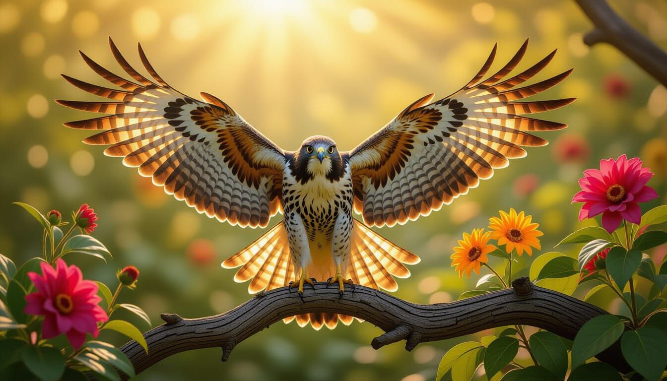 Red-Tailed Hawk in Surreal Ornamental Garden
