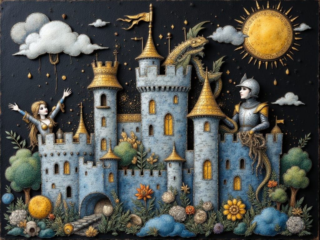 Felt Medieval Castle with Dragon in Watercolor Style
