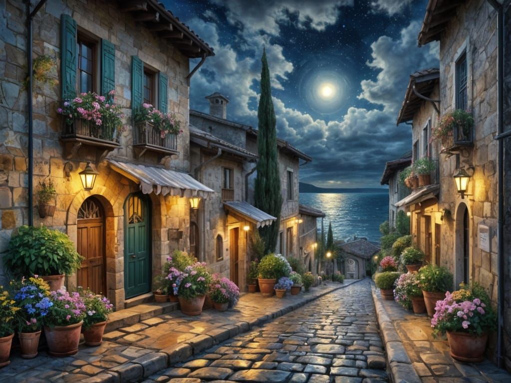 Mediterranean Village Street at Night, Impressionistic Water...