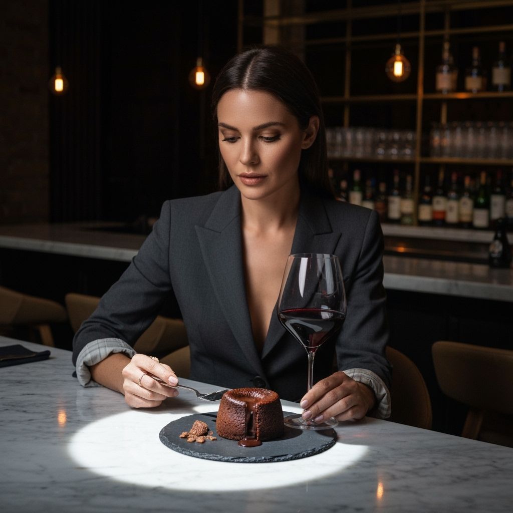 Woman Enjoying Chocolate Lava Cake in Chic Bar