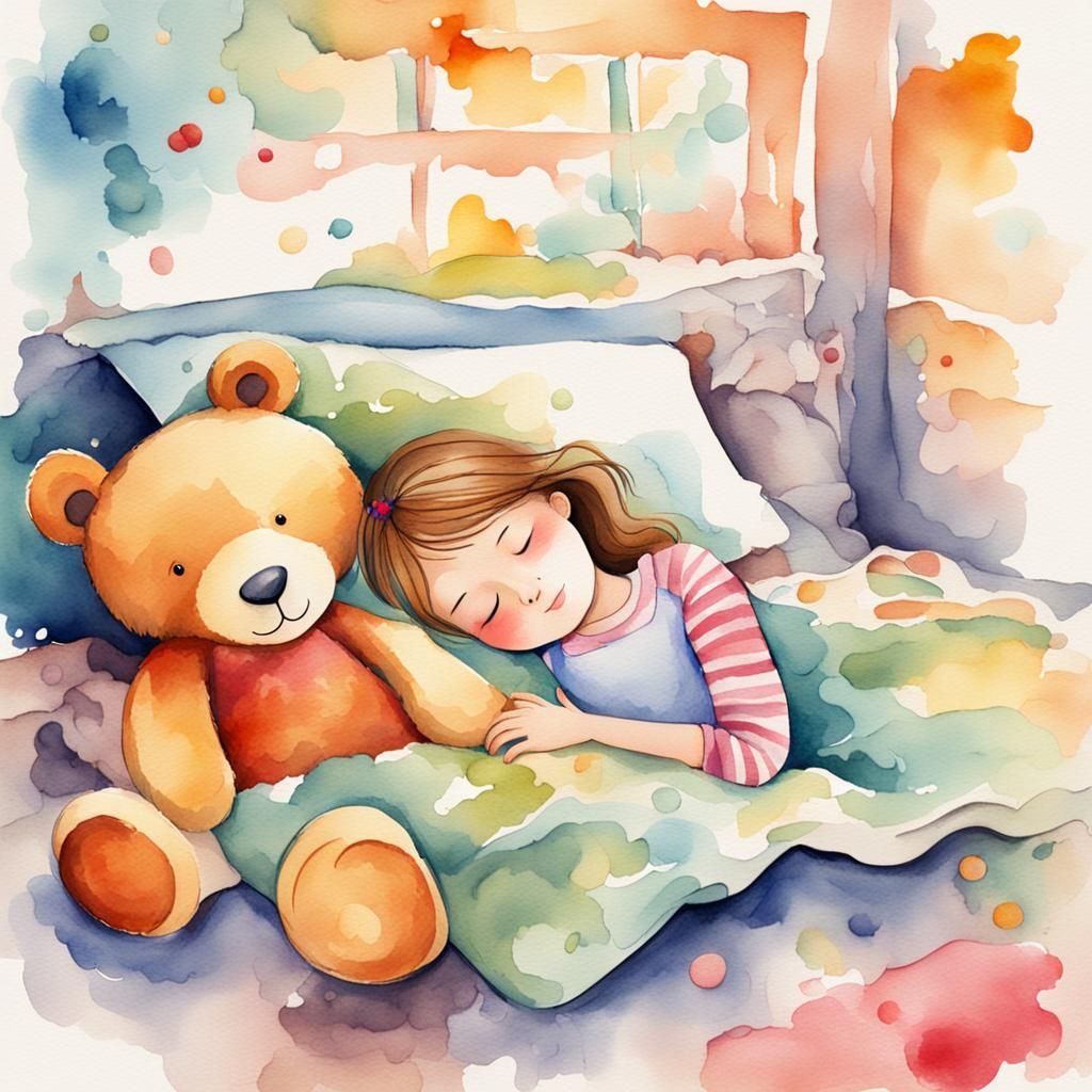 Girl Asleep with Teddy Bear, Watercolor Cartoon