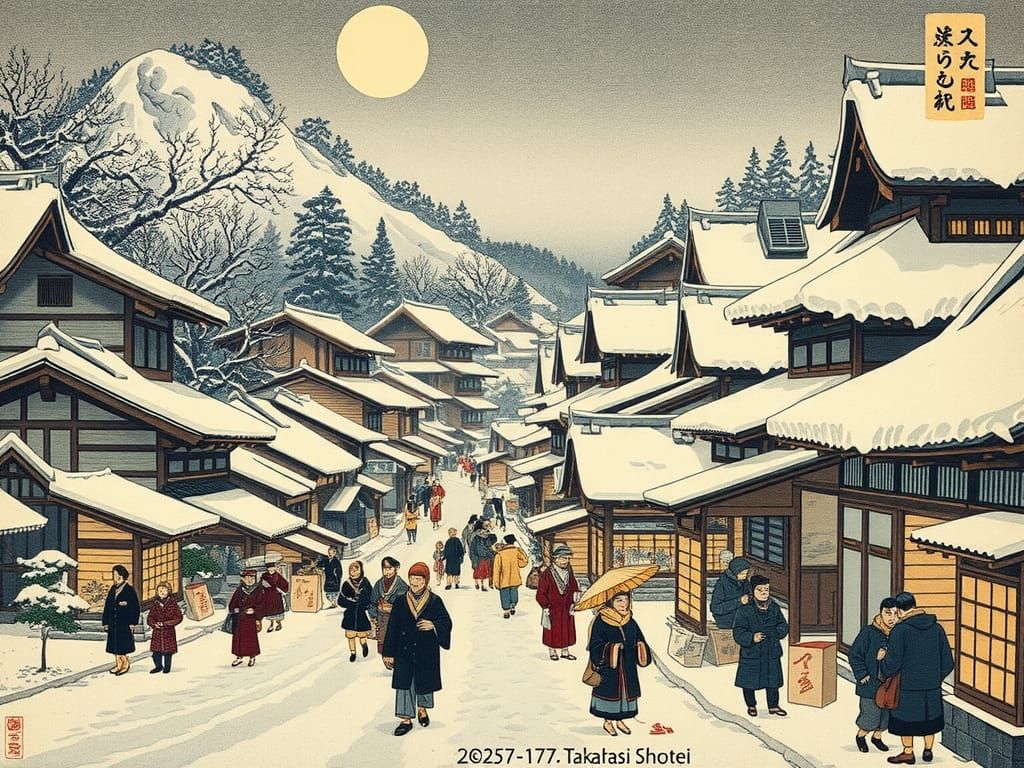 Bustling Market Day in Snowy Japanese Village, Ukiyo-e Style