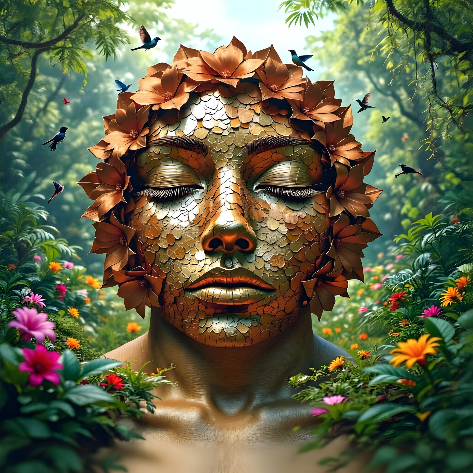 Bronze Petal Face Emerges from Jungle, Hyperrealistic