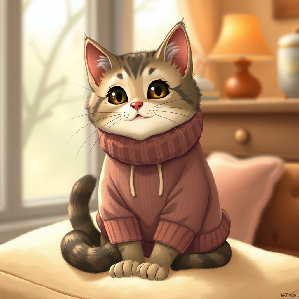 Cat in Sweater, Whimsical Art Style