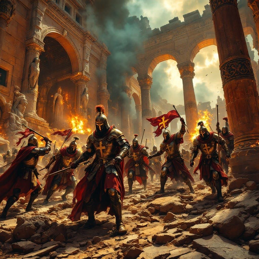 Gilded Crusaders Storm Ancient Temple in Cinematic Grandeur