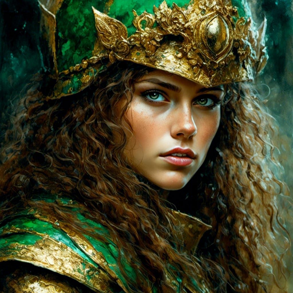 Beautiful Elf in Golden Armor, Expressionist Portrait