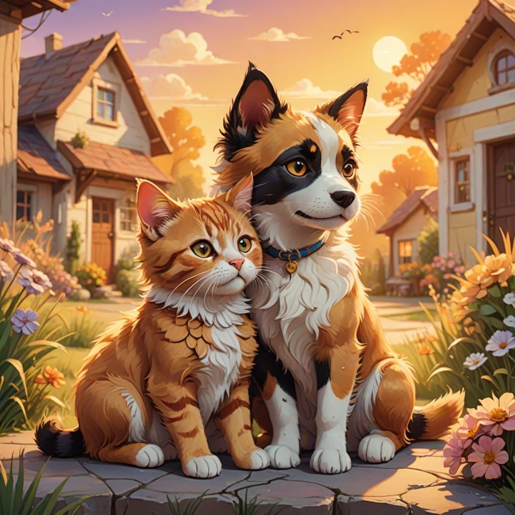 Heartwarming Friendship: Cat and Dog Embrace in Whimsical Ar...