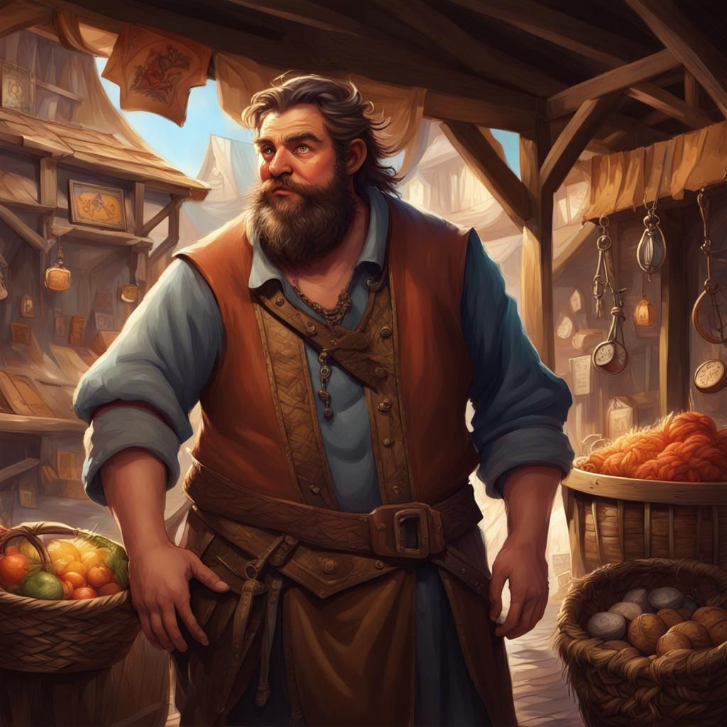Medieval Marketplace Scene with Rugged Merchant