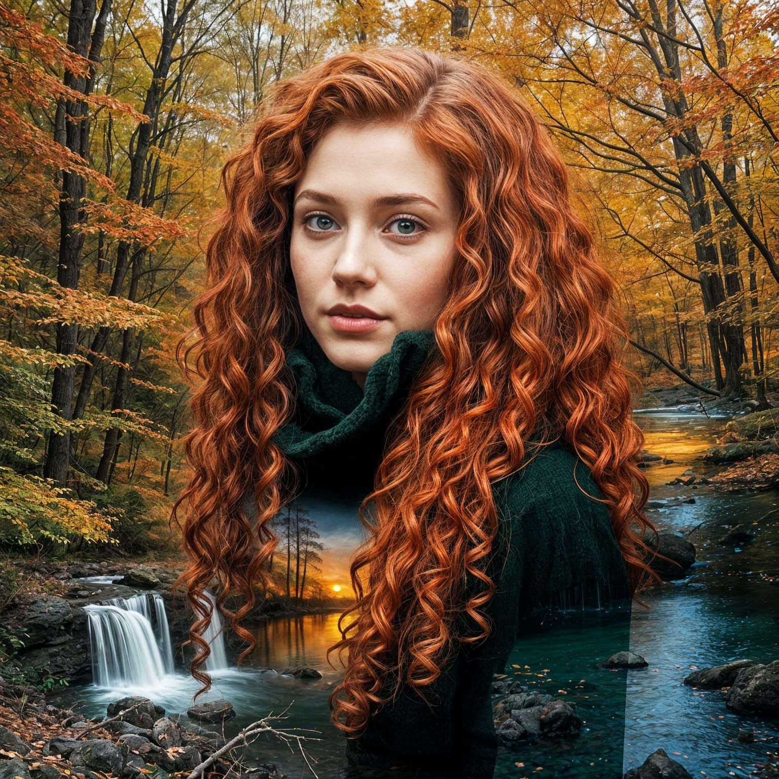 Lilith in Autumn Forest with Waterfall and Sunset