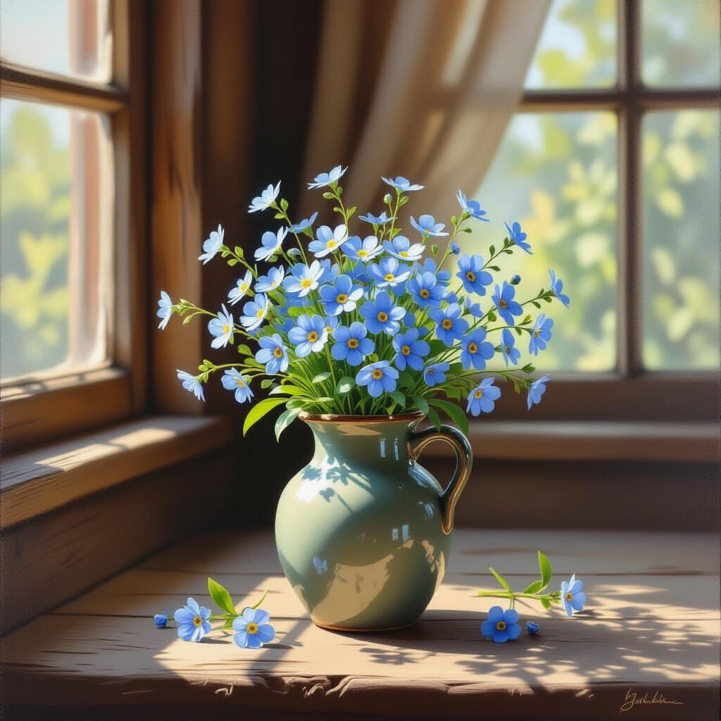Forget-Me-Nots in Rustic Vase on Wooden Table