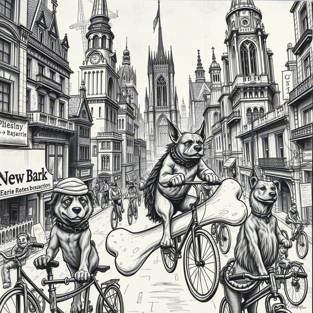 Dog-Friendly Metropolis in Charcoal Drawing Style