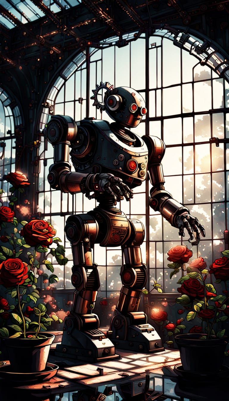 Steampunk Robot and Rose in Greenhouse