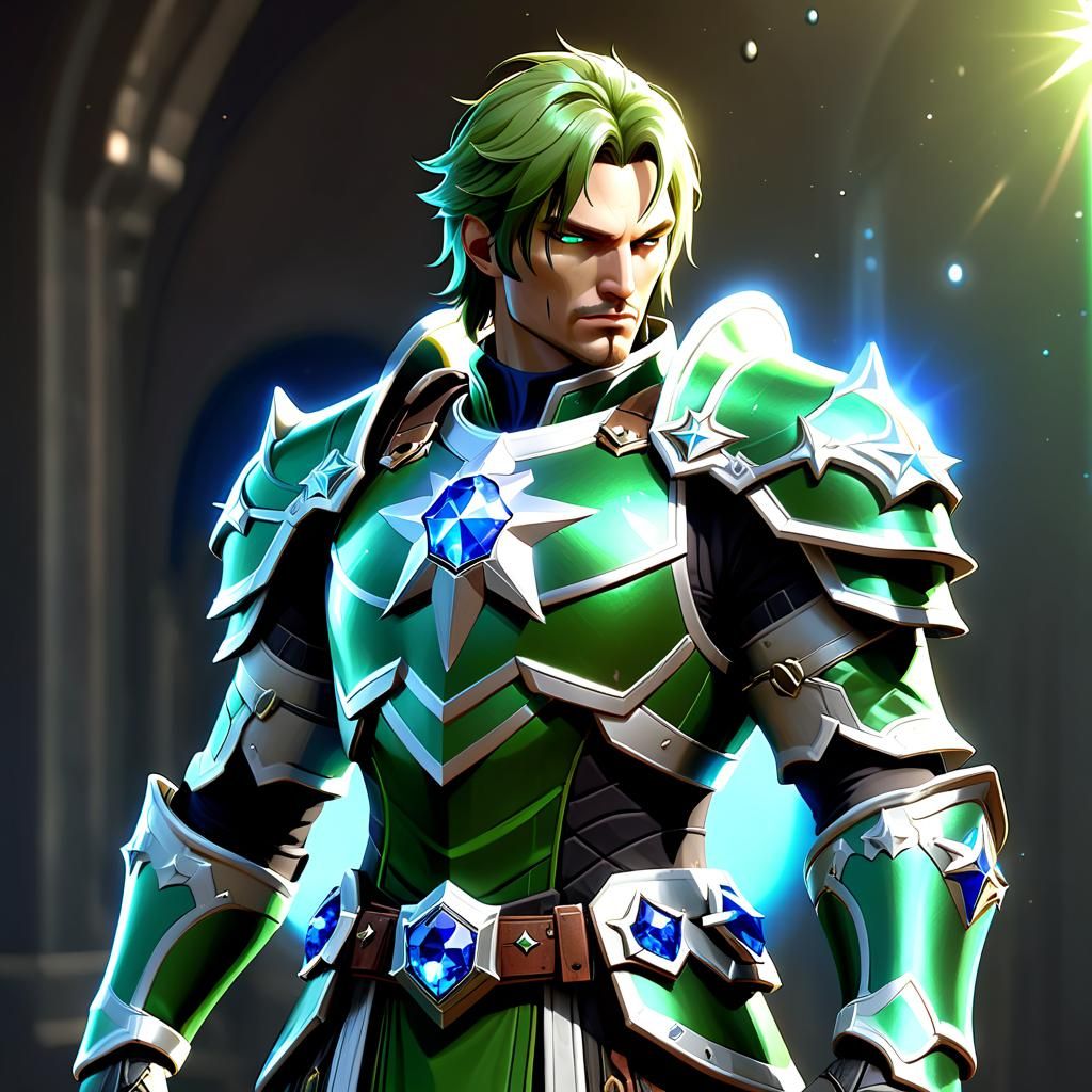 Green Armored Paladin with Blue Star in Dreamcore Style