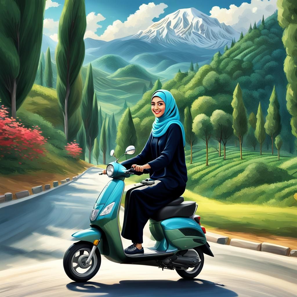 Woman on Scooter: Hyperrealistic Caricature in Village