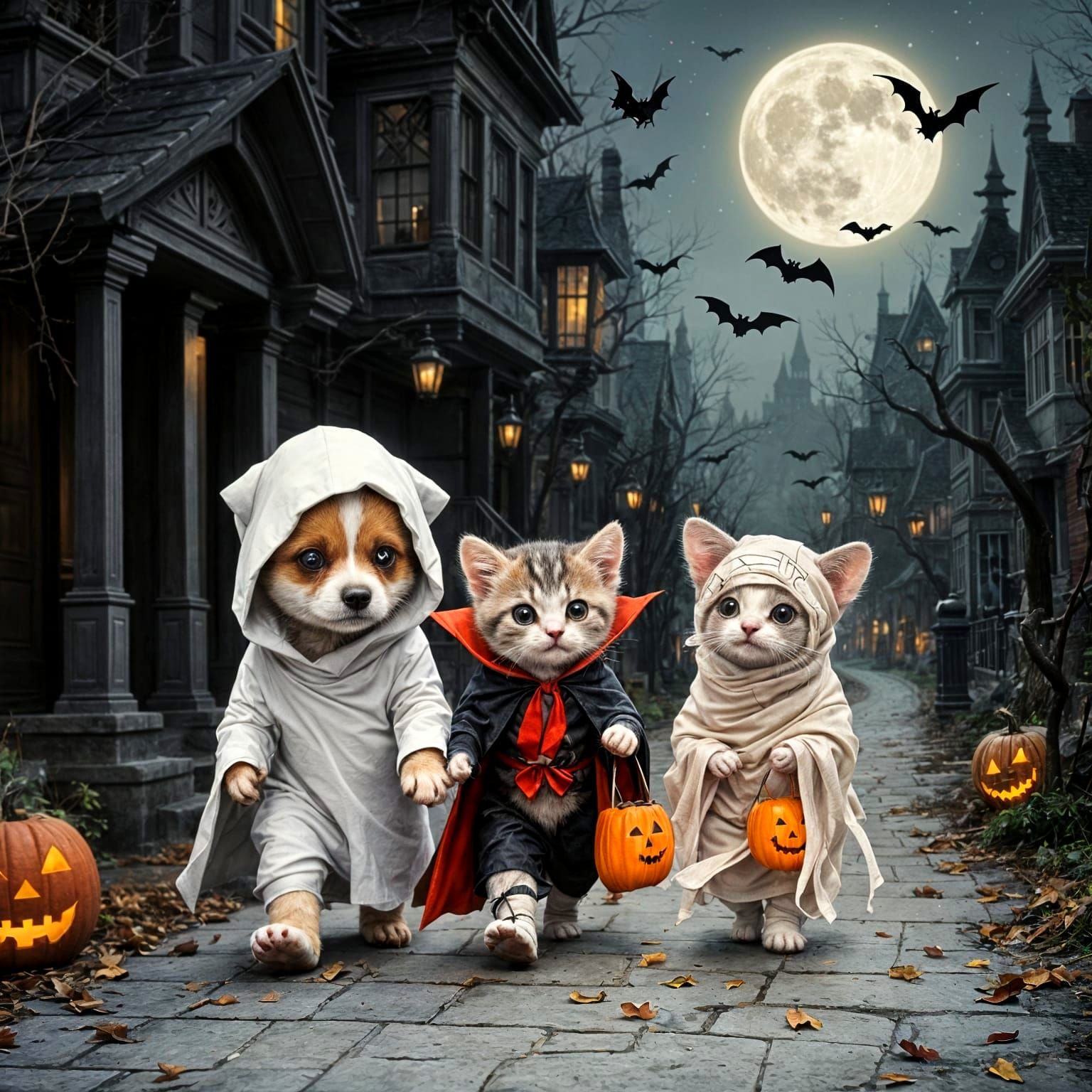 Halloween Pets Trick-or-Treat Under the Moon