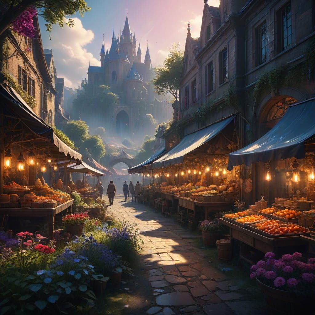 Vibrant Summer Market Scene in Whimsical Fantasy Style