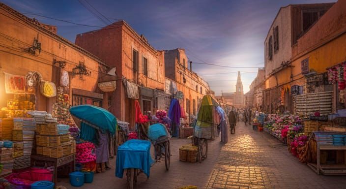 Colorful Mexican Market at Dawn: Hyperdetailed Distant View