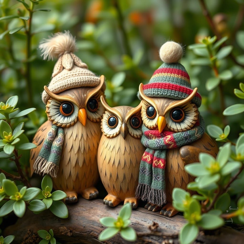 Whimsical Wooden Owls in Lush Greenery