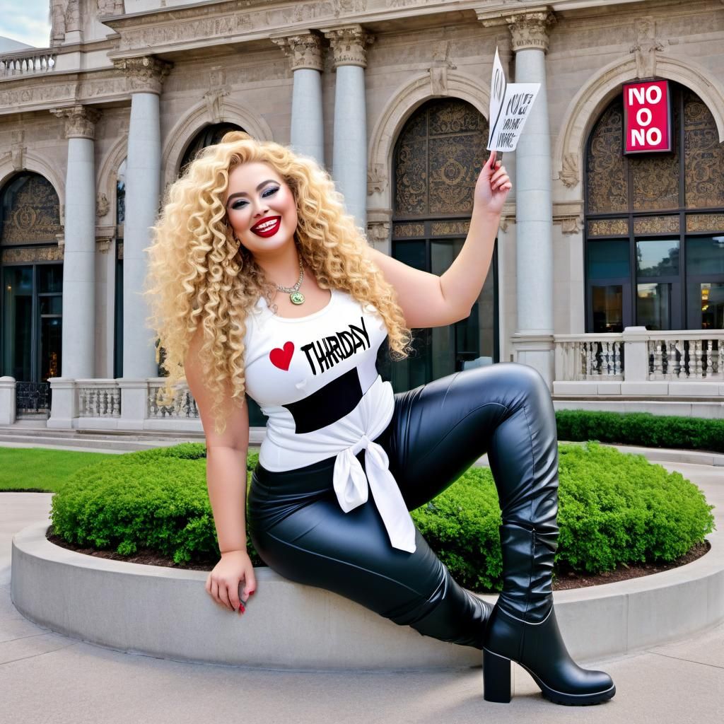 Curvy Woman Holding Sign in Front of Building