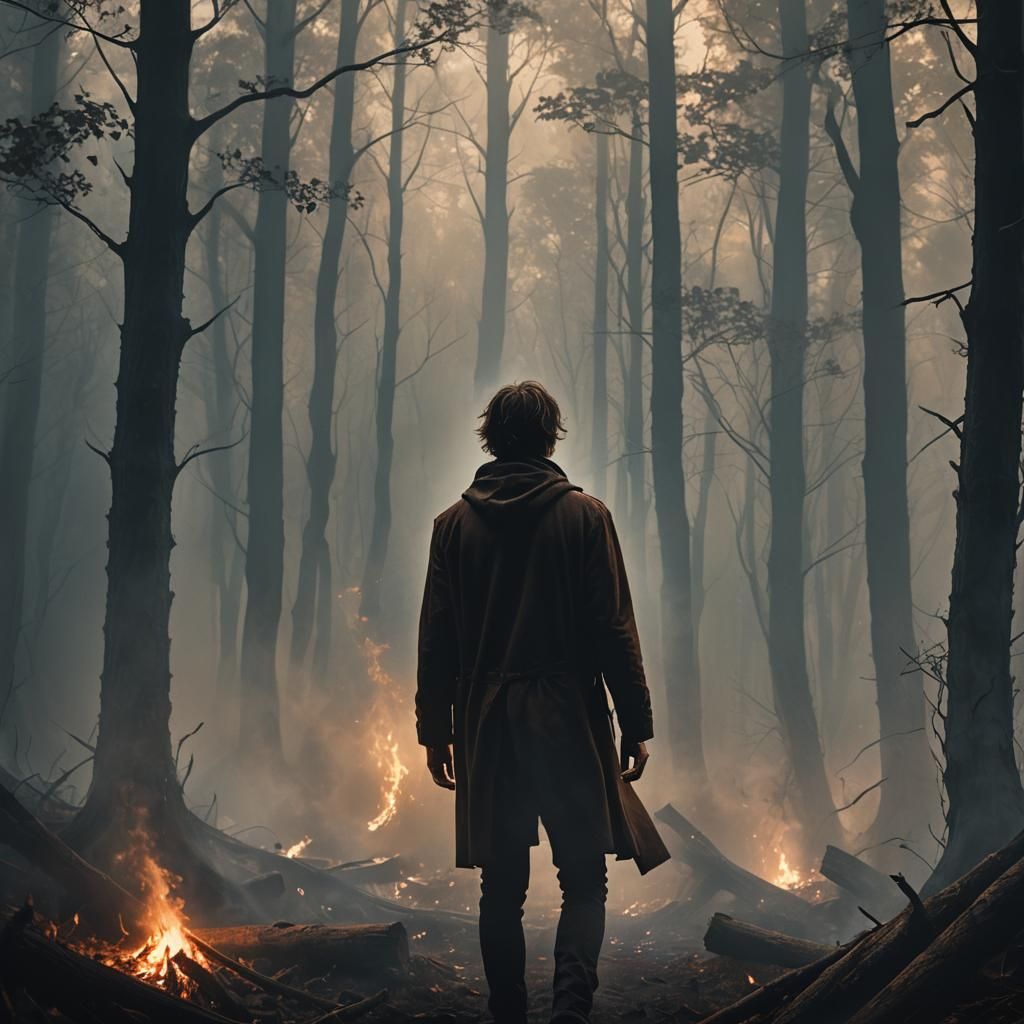 Mysterious Figure Disappearing in Smoky Forest, Dark Fantasy