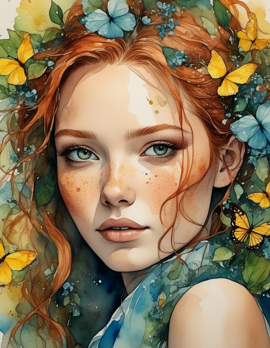 Watercolor Woman with Flowers and Fireflies