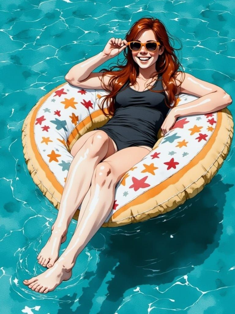 Day 7 ! Vixen Sitting on a round pool float In a swimming po...