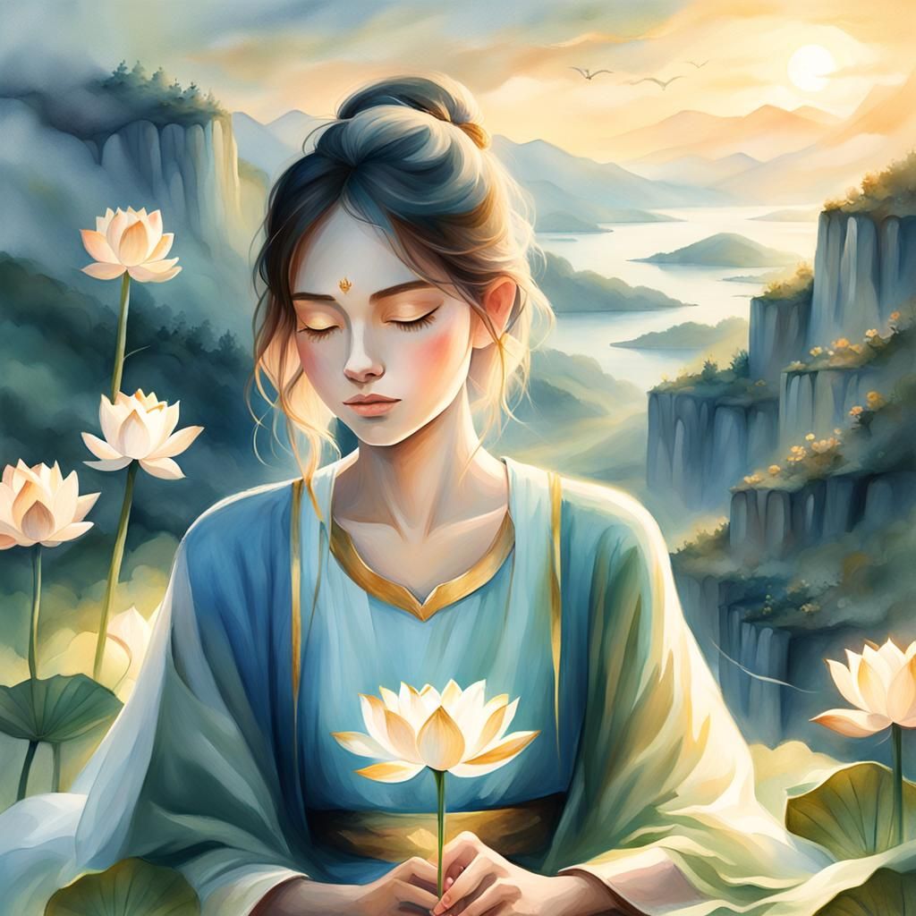 Woman with Lotus Flower Overlooking Misty Valley