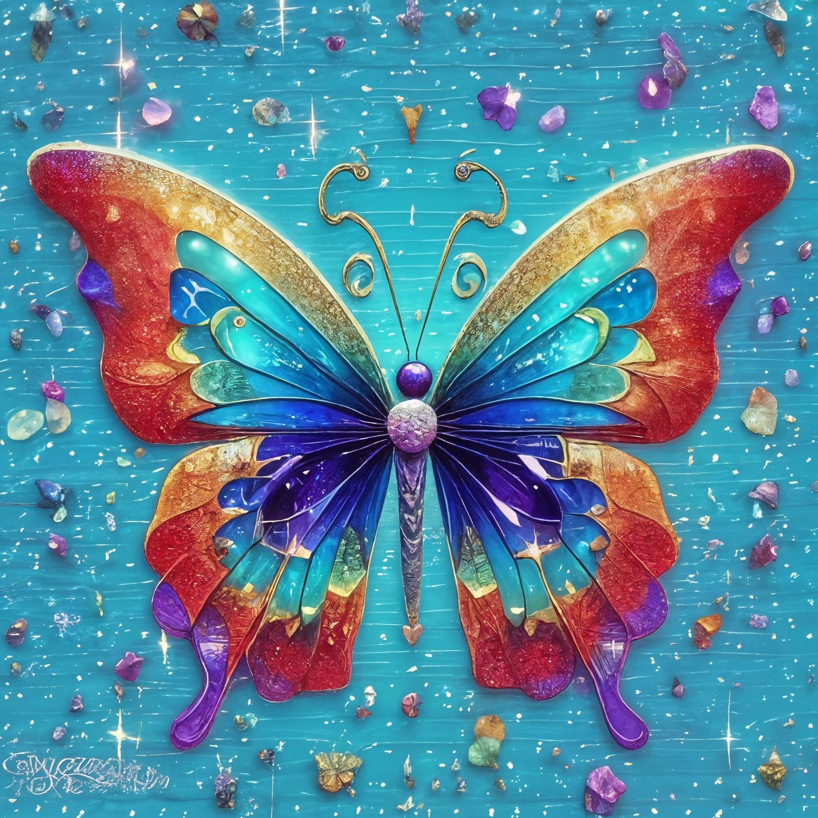 Iridescent Geometric Butterfly on Blue Glass Dish