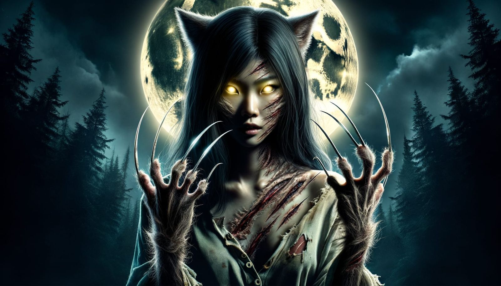 Werewolf Transformation: Asian Girl Under Full Moon