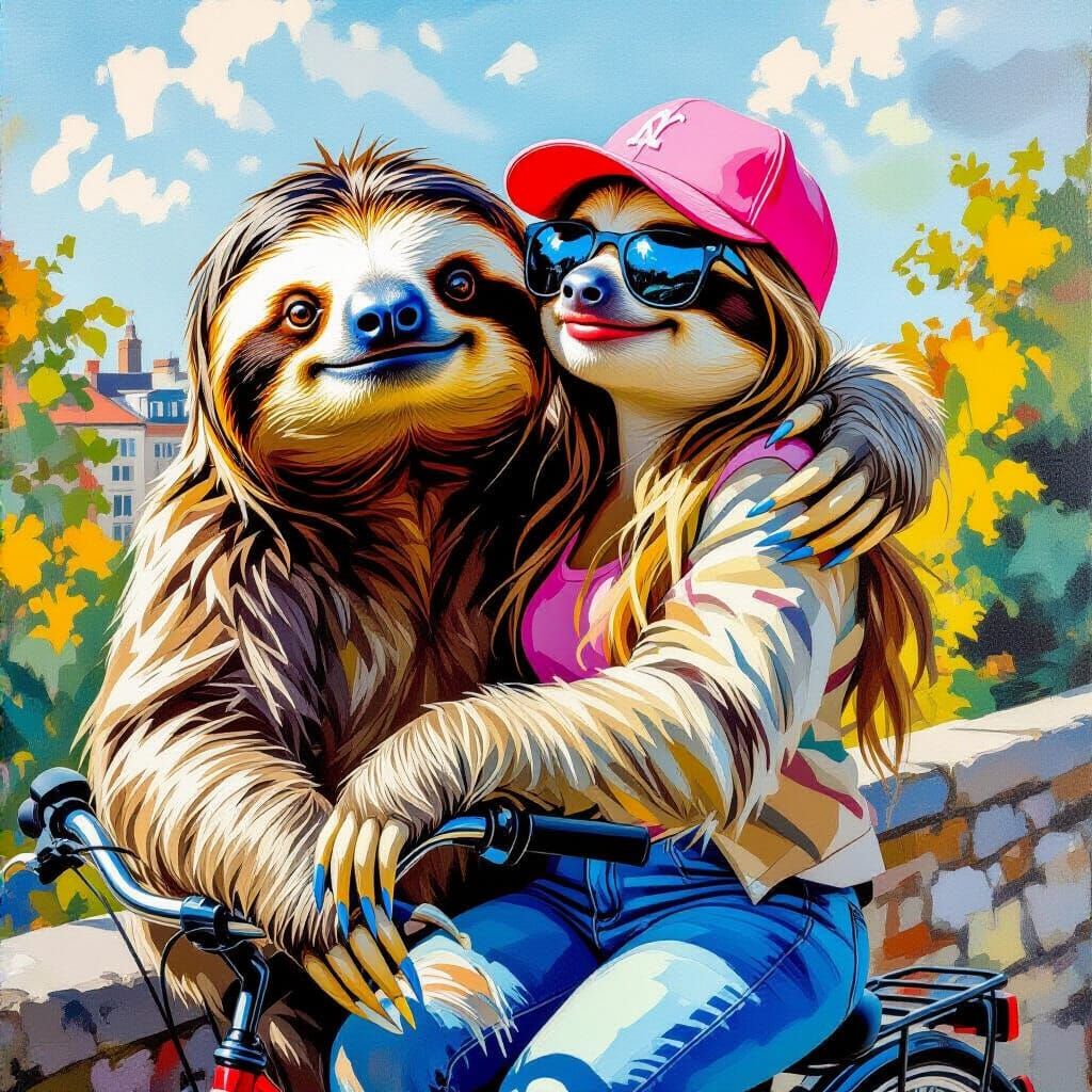 Couple Sloths Cycling in Love, Gouache Style
