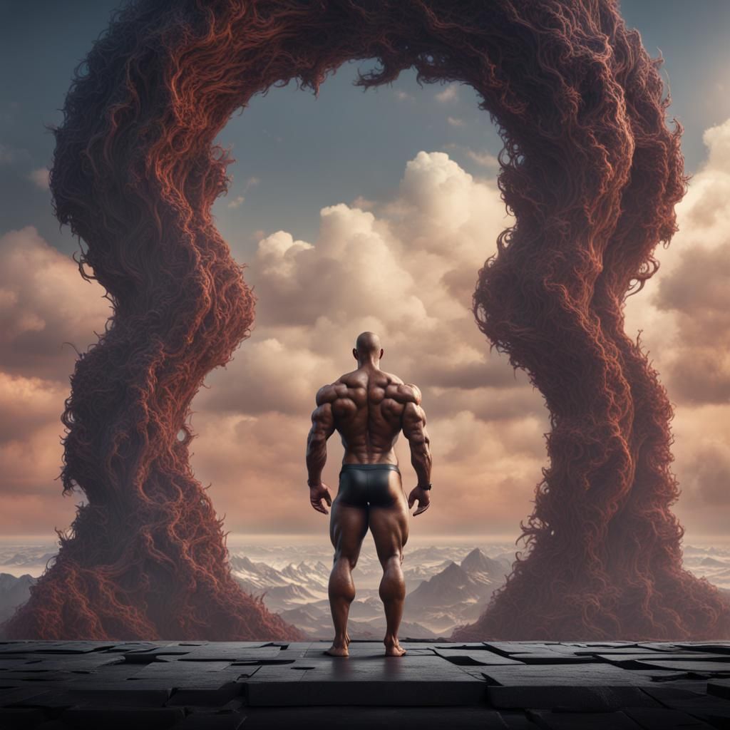 Bodybuilder Stands Before Infinity: Detailed Matte Painting