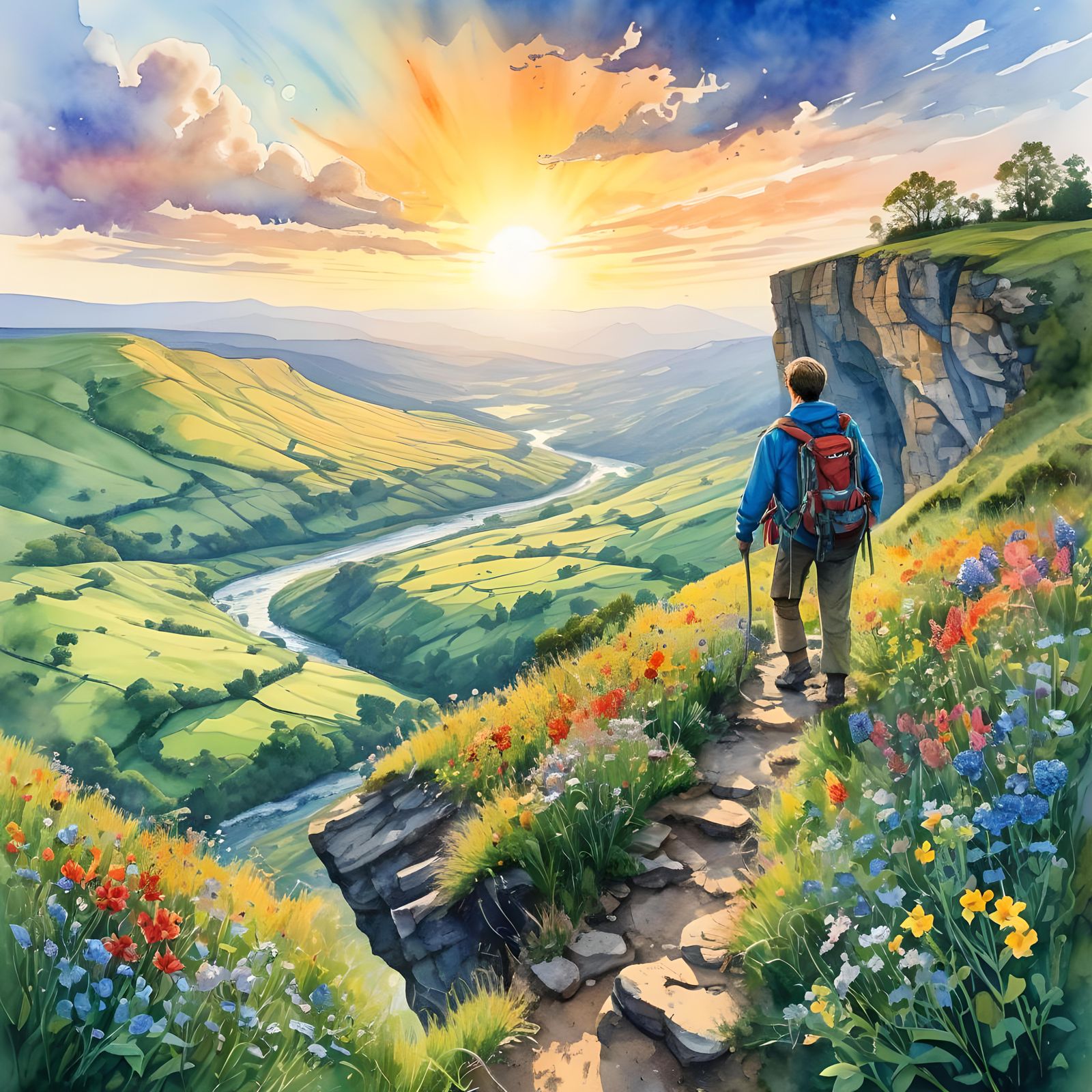 Hiker Gazing at Sunrise Path: Watercolour Painting
