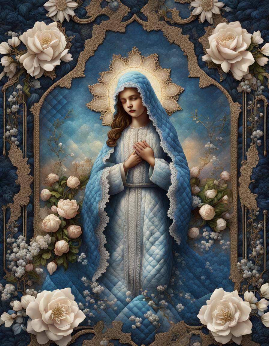 Vintage Quilted Religious Image with Blue and Flowers