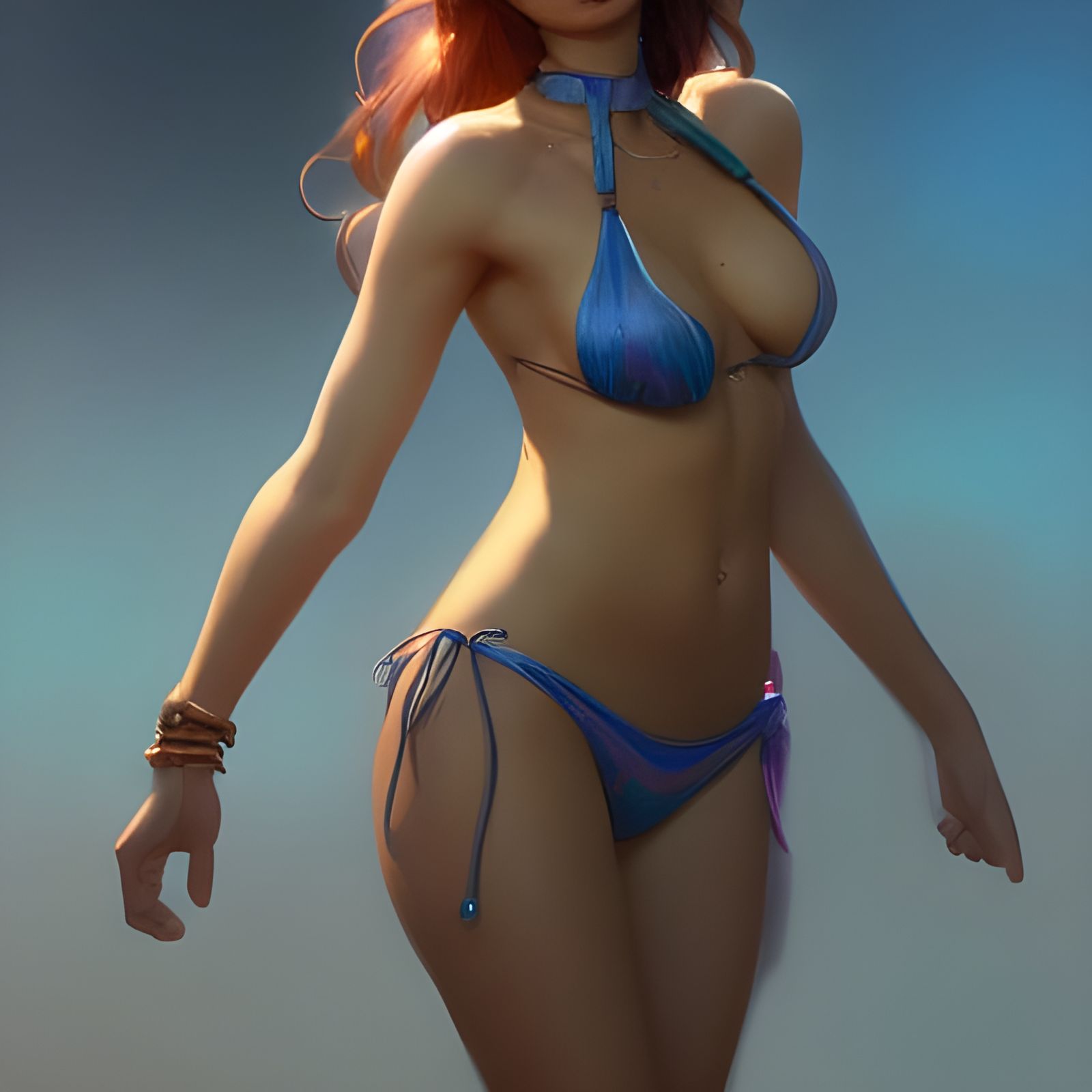 Detailed Portrait of Woman in Bikini, Art Nouveau Style