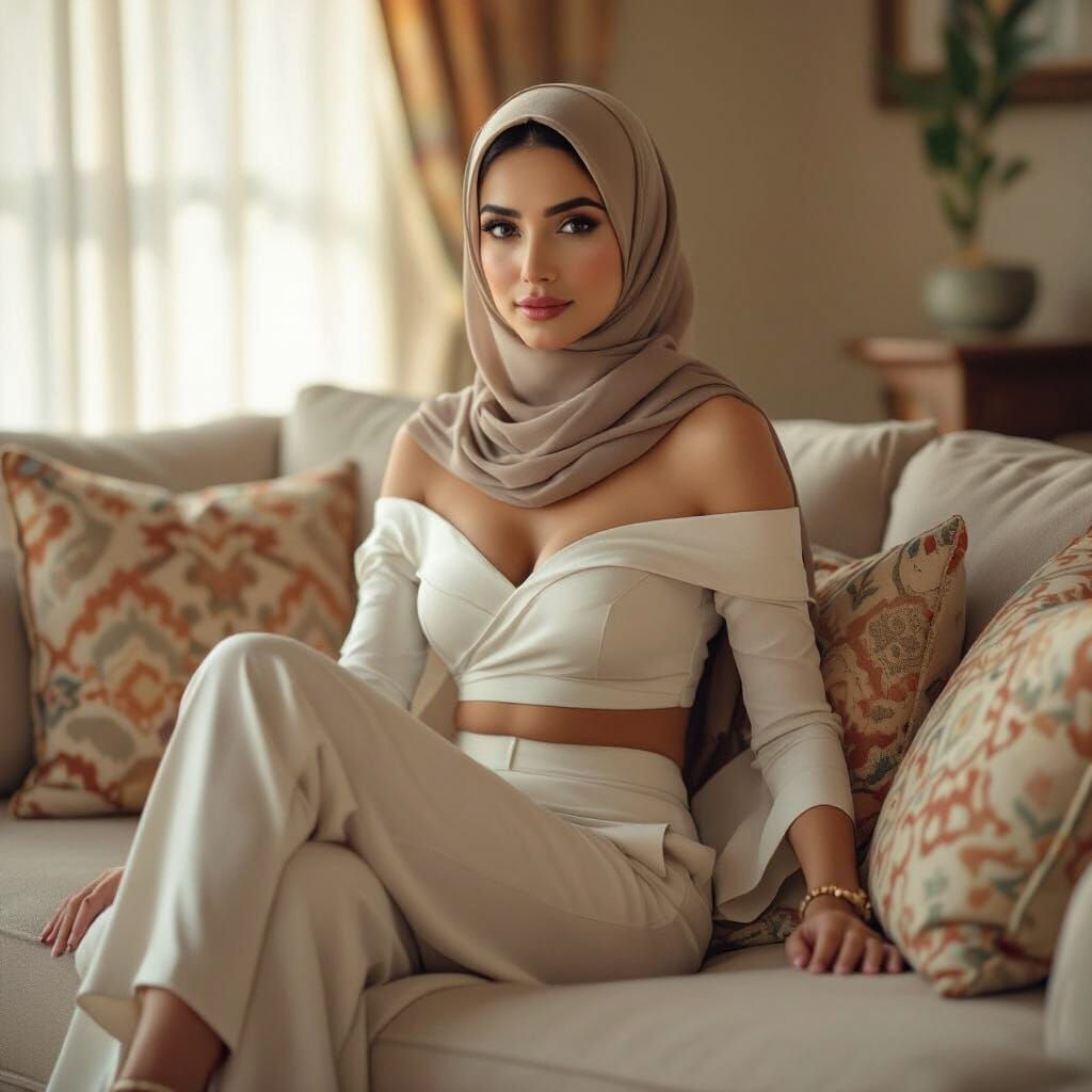 Elegant Arab Woman on Couch in Cinematic Style