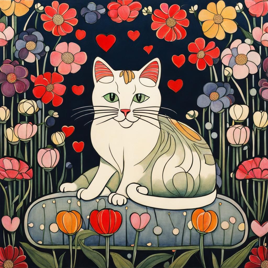 Cute Cat Portrait in Art Nouveau Style
