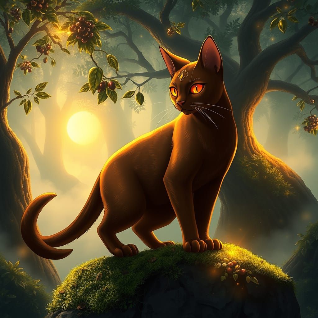 Mythical Cat in Enchanted Forest, Ghibli-Inspired Art