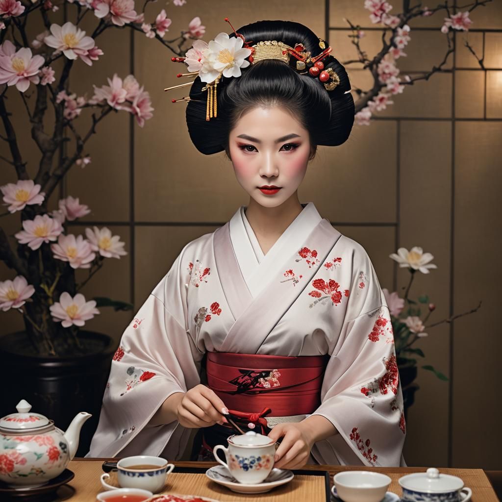 Beautiful Portrait of Geisha Mineko Iwasaki Serving Tea