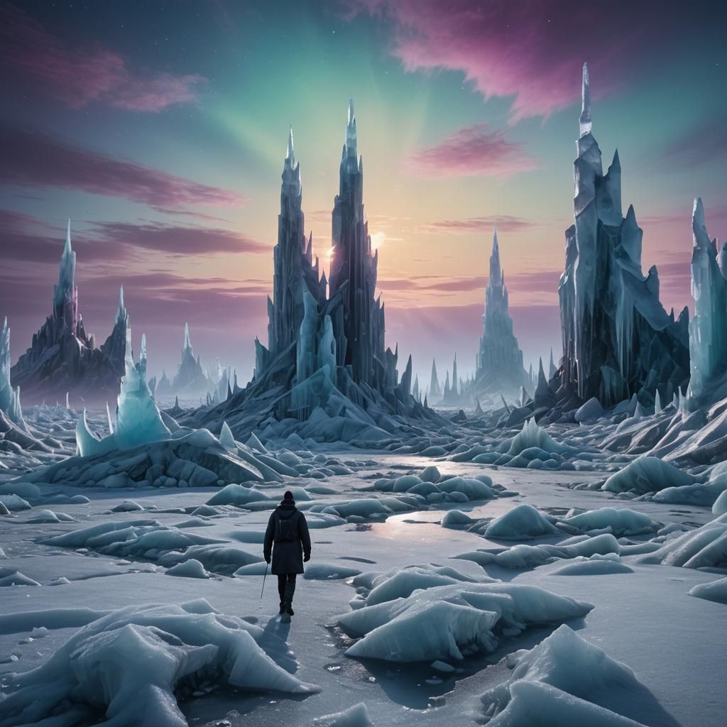 Icy Wasteland: Lone Figure Under Aurora Borealis