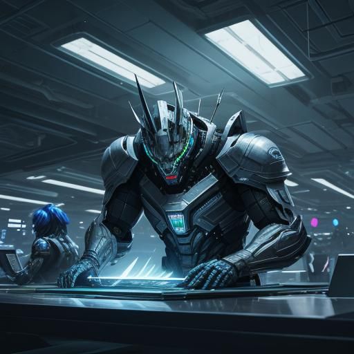 Futuristic Blueprint in Neon Lit Research Facility