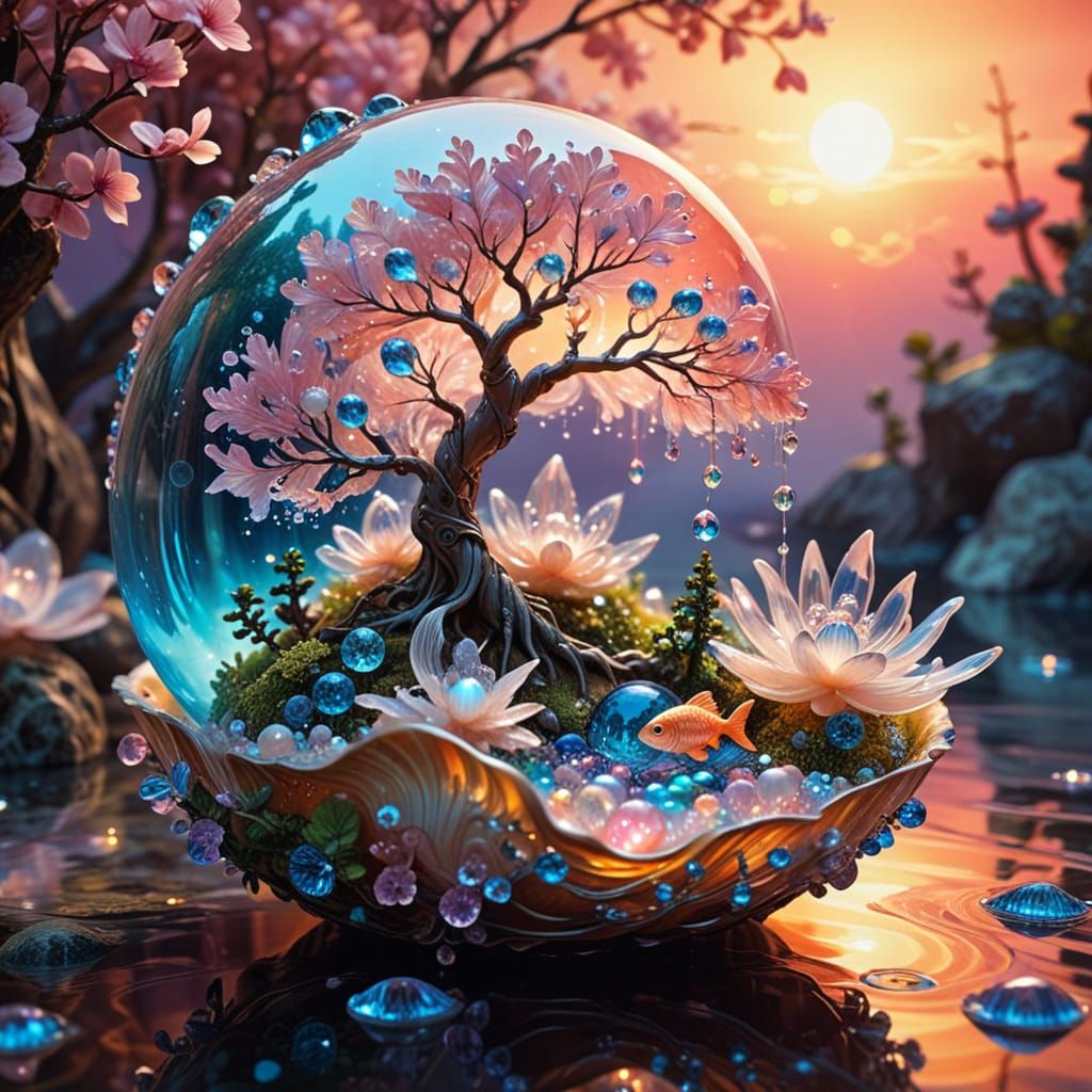 Surreal Oil Painting of Iridescent Pearl Creature in Sunset