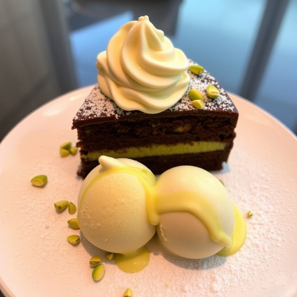 Pistachio Chocolate Cake with Dubai Ice Cream
