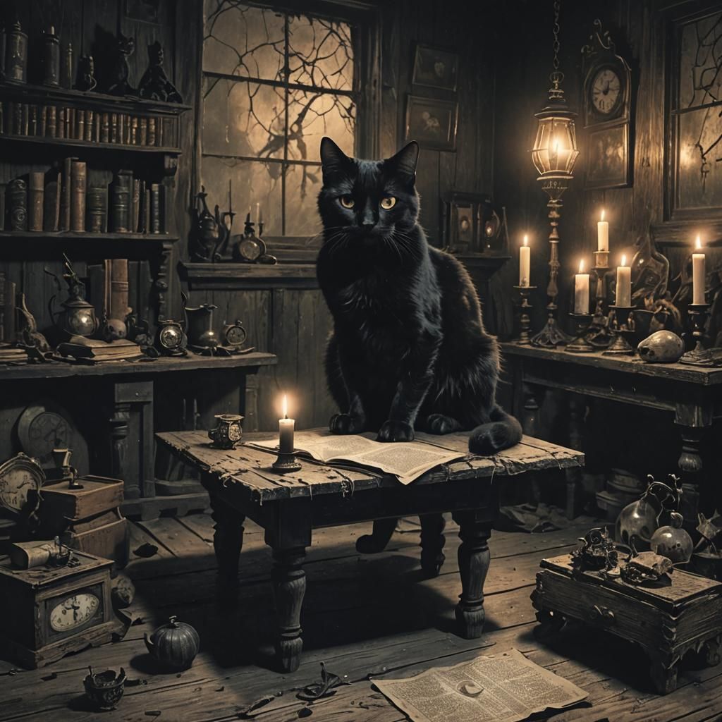 Ghostly Black Cat in Haunted Room, Gothic Horror Style