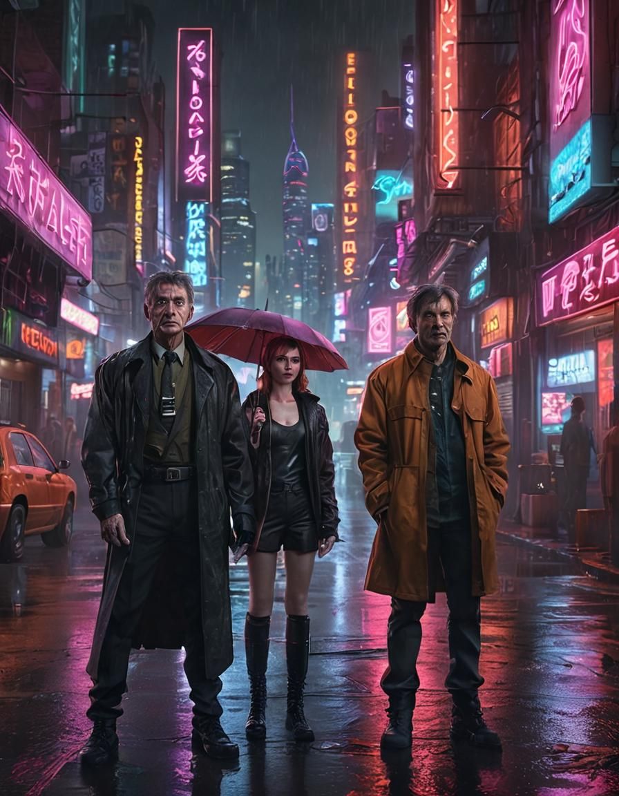 Cyberpunk Cityscape with Actors in Sci-Fi Style
