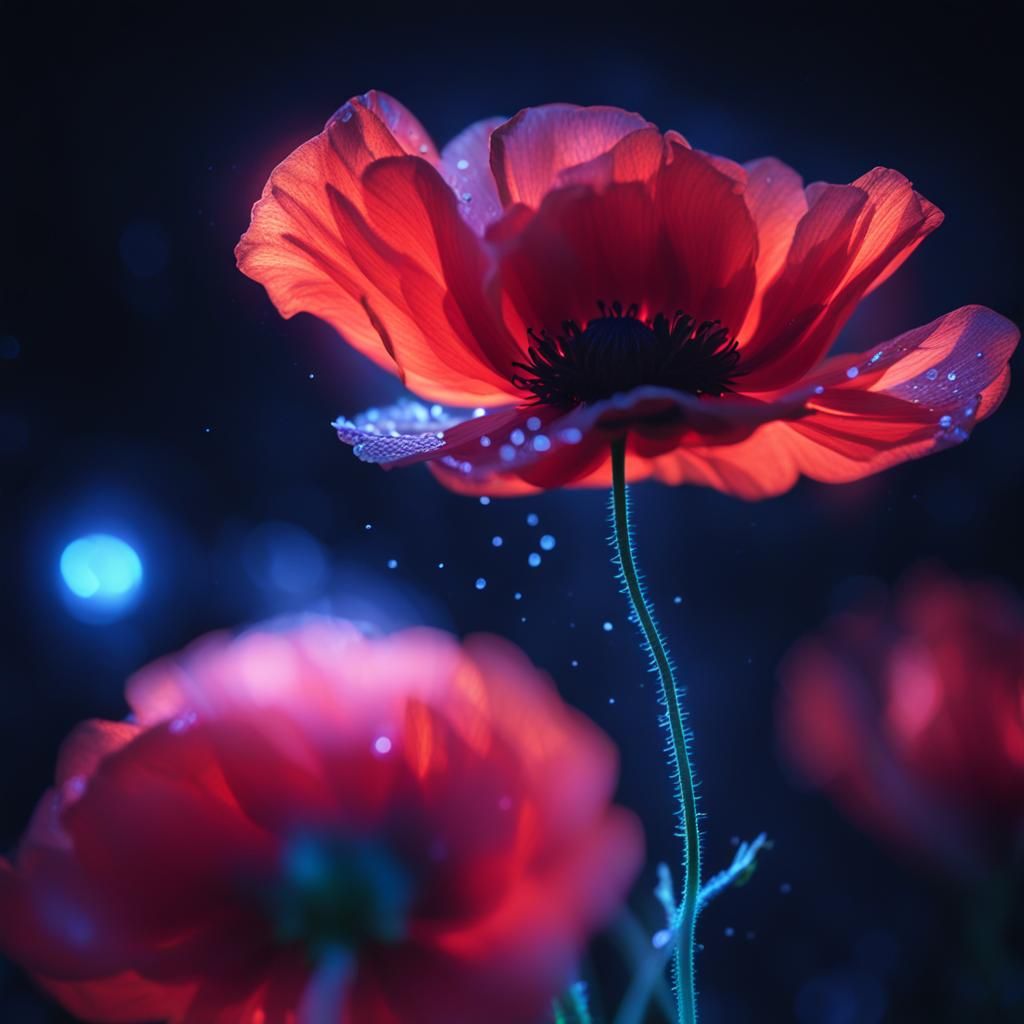 Glowing Neon Poppy in the Dark: Surreal Realism