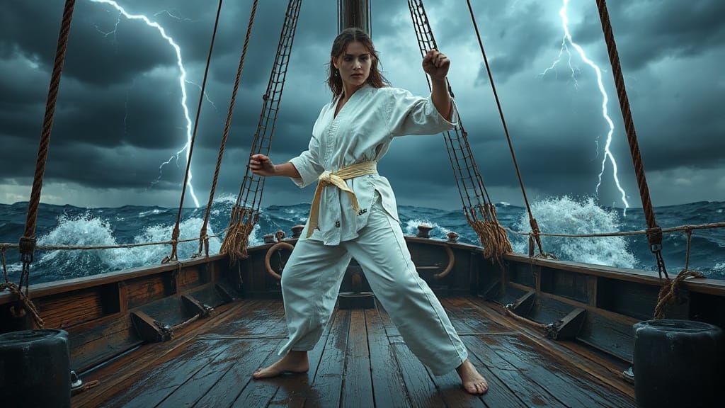 Martial Artist Strikes Pose Amidst Stormy Seas