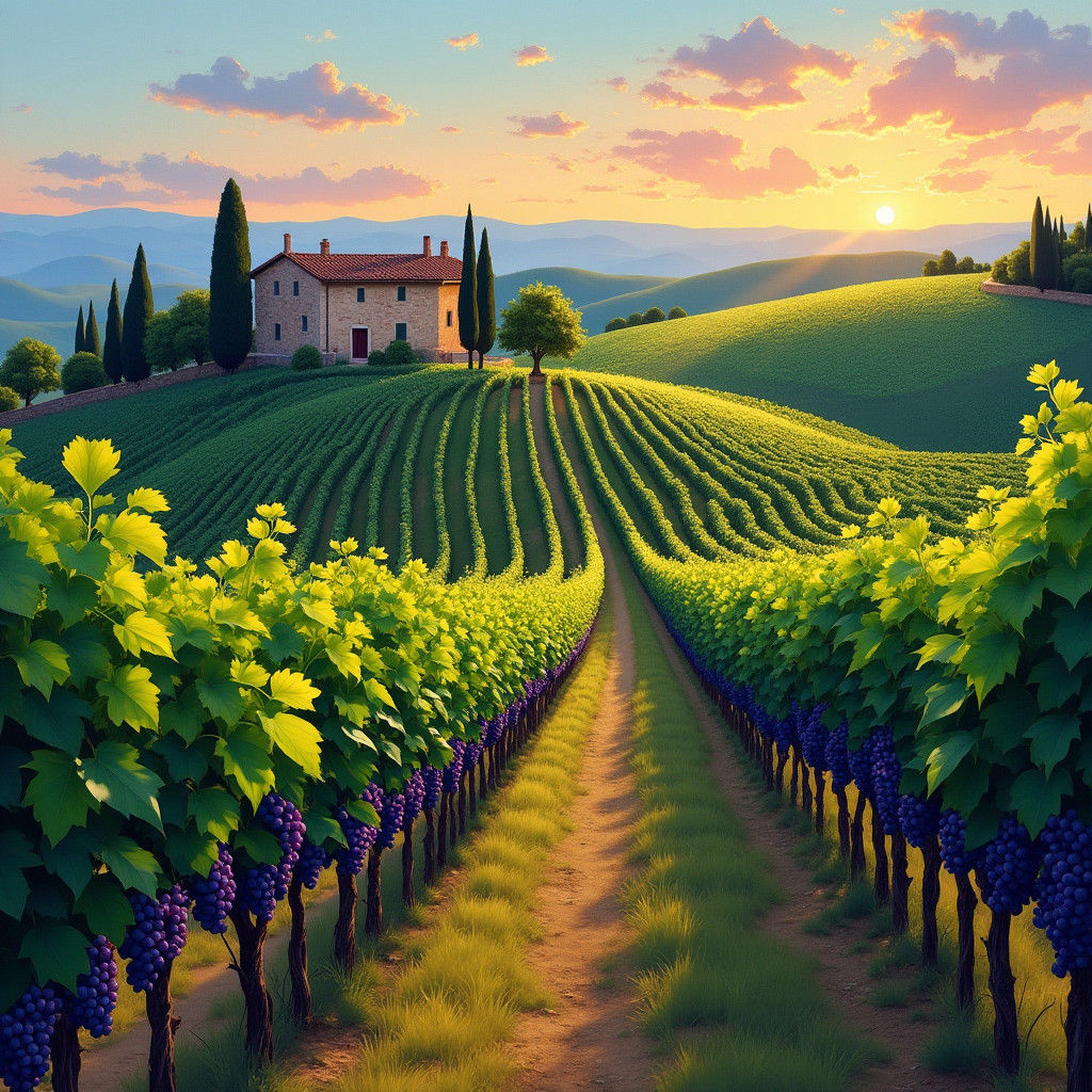 Romantic Italian Vineyard Scene in Impressionist Style