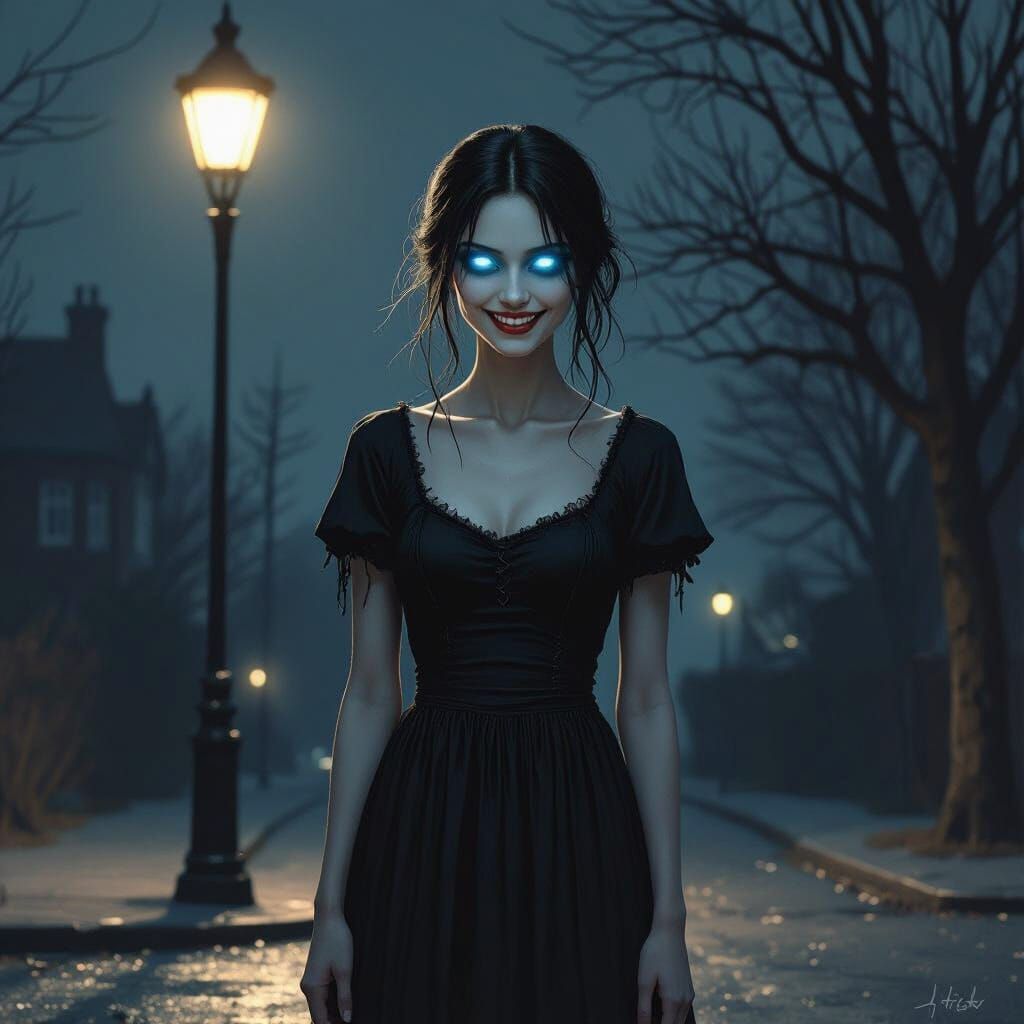 Eerie Woman with Glowing Eyes in Cinematic Dark Style