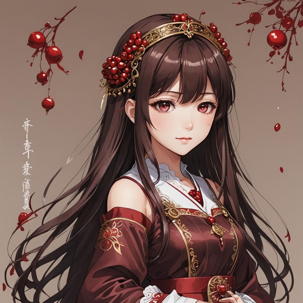 Anime Girl with Chocolate Hair and Red Headdress