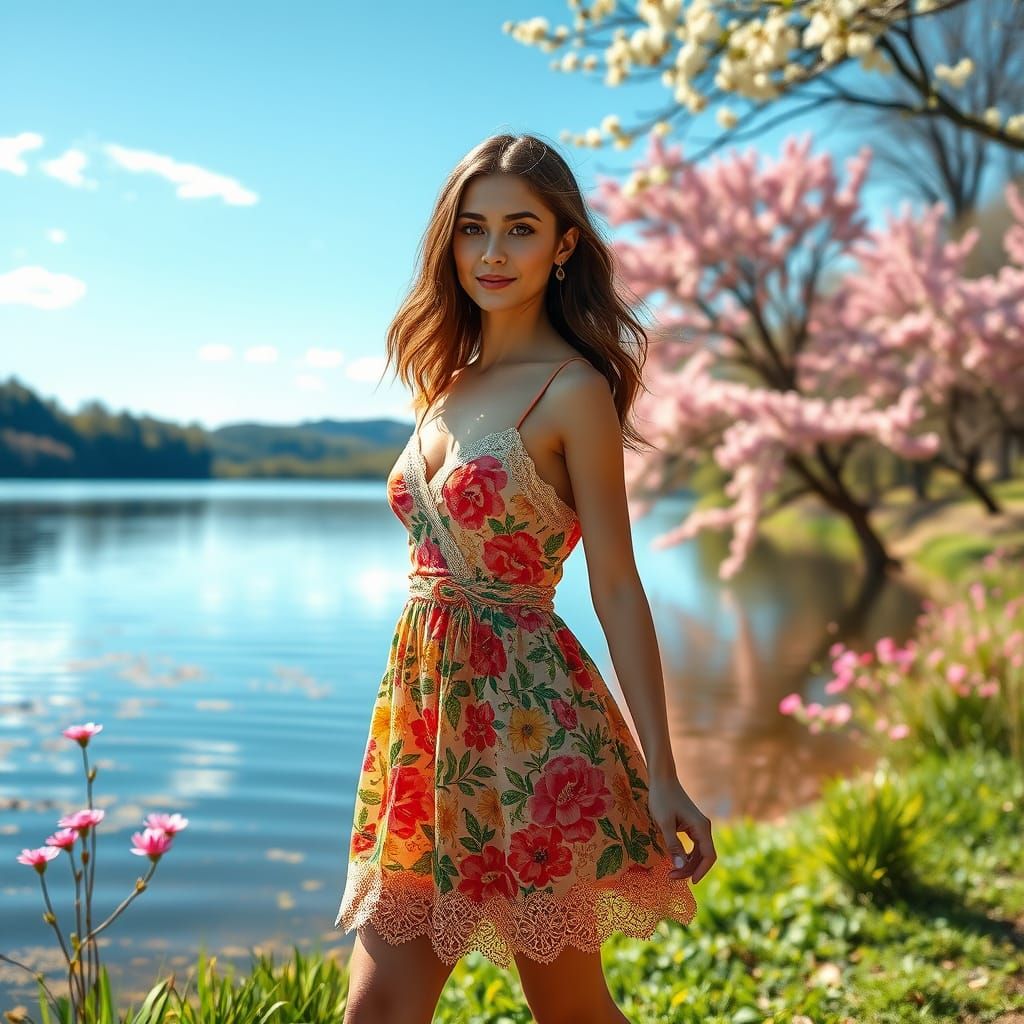 Elegant Young Woman Strolls Beside Serene Lake in Vibrant Sp...
